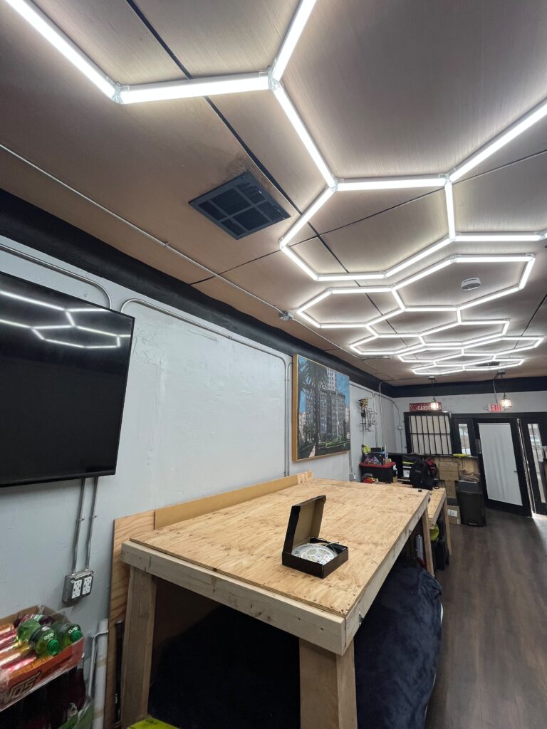 Hexagon LED ceiling lighting in a commercial interior