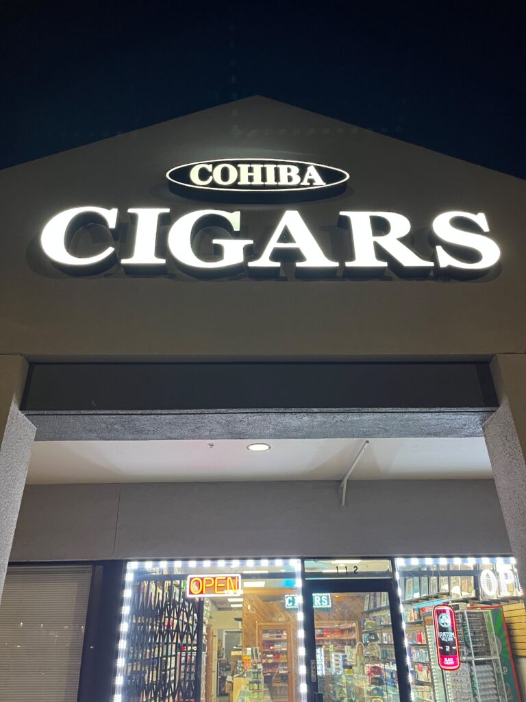 Illuminated shop sign with LED-lit storefront
